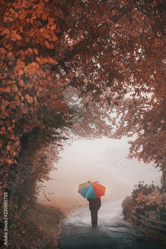 Obraz na płótnie Rainy day in autumn on the Dolomites Alps. Girl with rainbow umbrella in the fog w salonie