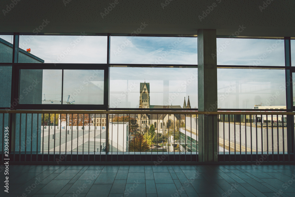 Fototapeta premium October 2018. Germany Helios Klinikum Krefeld. Interior hospital inside. Spacious deserted corridors of station, floor of new hospital, German European medicine. Theme of health care clinic interior