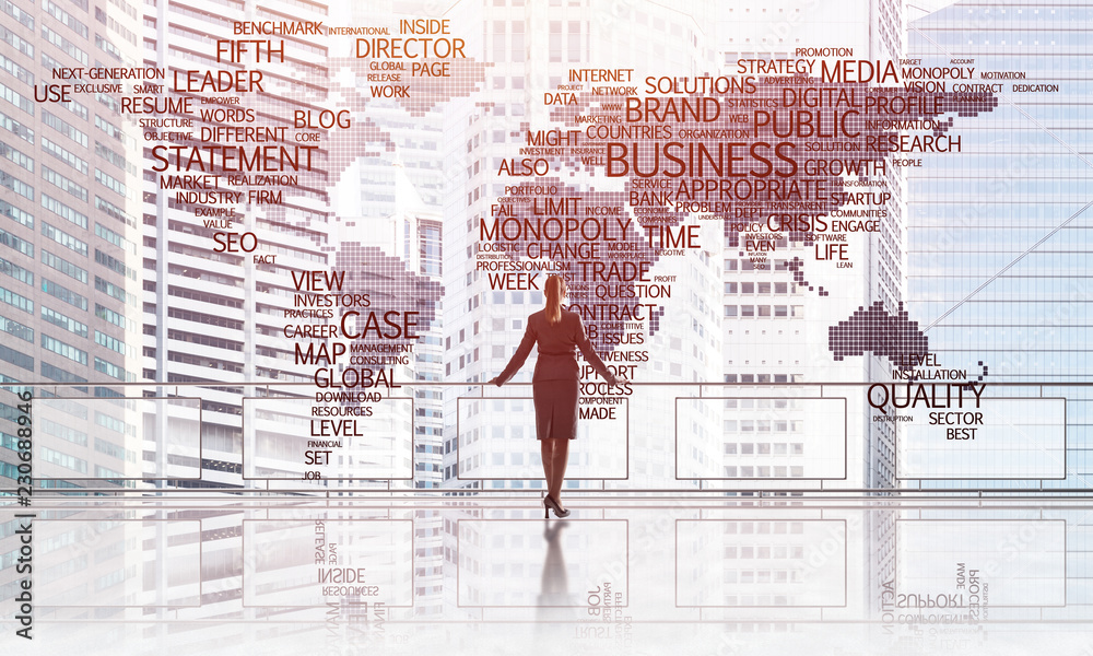 Fototapeta premium Sunrise above skyscrapers and businesswoman facing new day