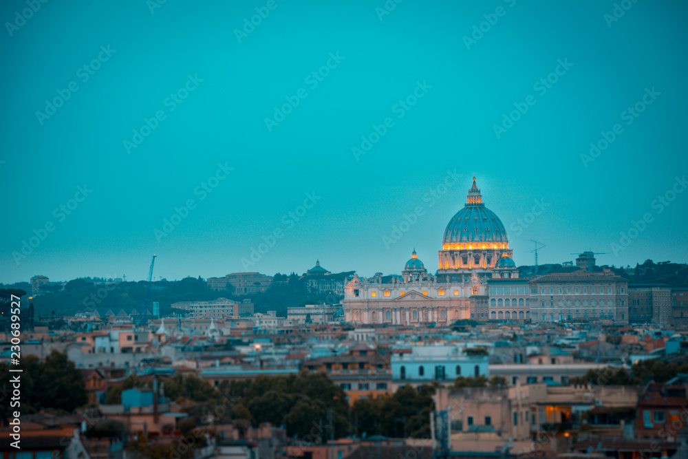 St. Peter's cathedral in Rome, Italy at blue hour. Orange and teal mood.