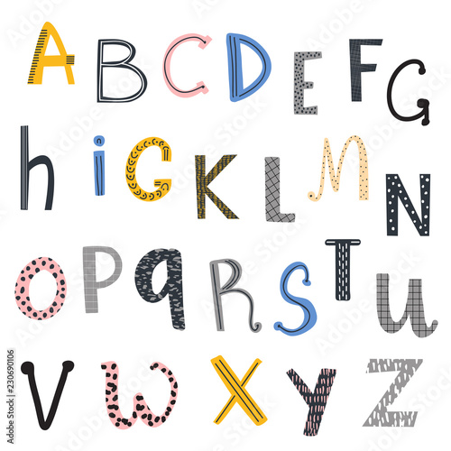 Hand drawn decorated modern fun alphabet