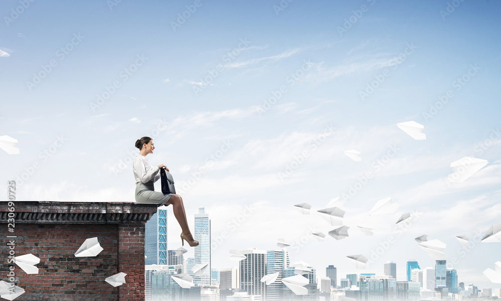 Businesswoman or accountant on building top and paper planes fly Businesswoman or accountant on building top and paper planes fly