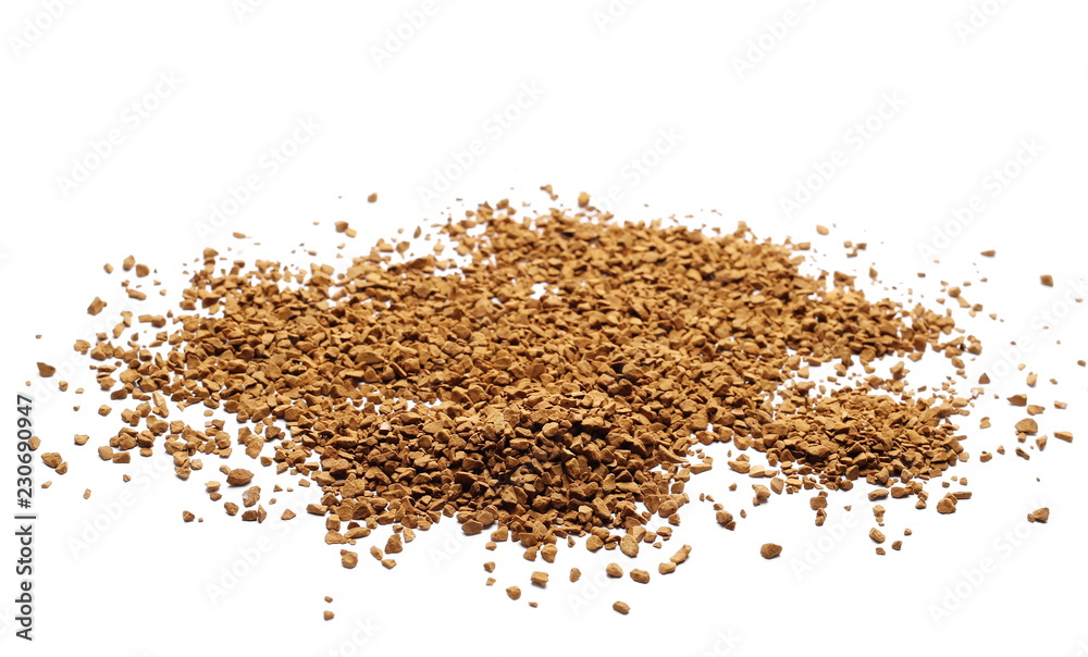 Instant coffee granules isolated on white background and texture