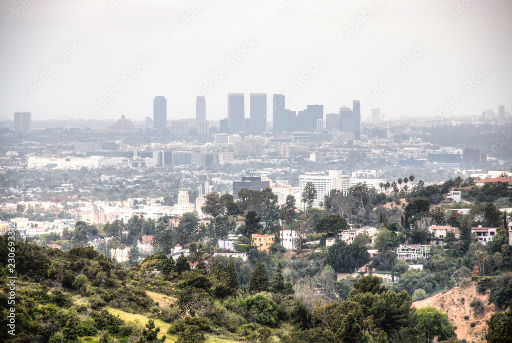 View over the green hills near Hollywood surrounding Los Angeles in the USA
