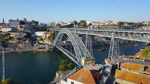 douro river in porto with dom luis bridge and houses