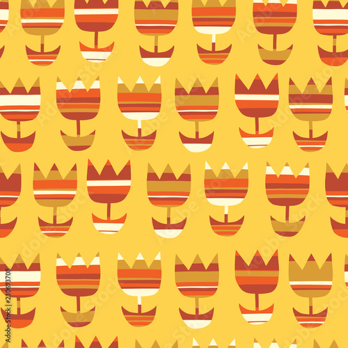 Scandinavian geometric simple seamless floral pattern. Folk nordic style art. Tulip flowers repeating background in autumn colors. Fall design yellow, orange, gold for fabric, wallpaper, web banners
