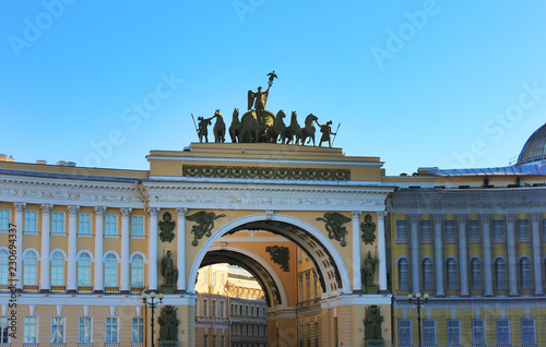 Triumphal Arch of General Staff Building at Palace Square in Saint Petersburg, Russia. Monumental Neoclassical Style Architecture with Cavalry and Equestrian Sculptures and Ornamental Art Details