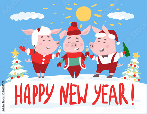 Funny Happy New Year 2019 card design with The Three Little Pigs. Vector illustration.