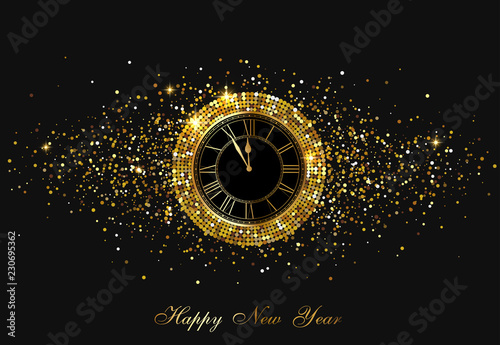 Happy New Year shiny poster with clock and golden confetti.