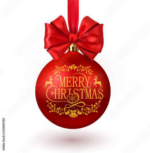 Merry Christmas card with isolated red Christmas ball with satin bow.