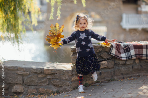 Petite beautiful girl with ears of cat standing on one leg near a kamina wall with a plaid in an autumn park with yellow leaves and red Rowan raises yellow leaves up photo