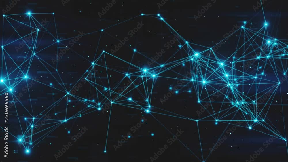 Abstract flashing connected digital data nodes and connection paths on any type of network