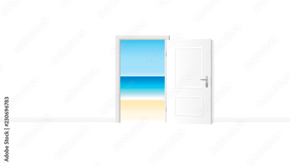 Open white door with delightful beach view. Bright white room with access to the ocean shore. Vector illustration.
Open white door with delightful beach view. Bright white room with access to the ocean shore. Vector illustration.