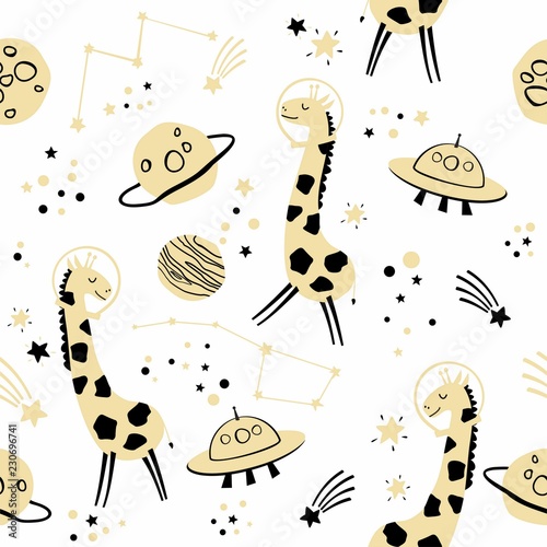 Seamless pattern with giraffe in space, gold planets, stars and alien spaceship