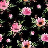 Seamless floral  pattern on a black background. Watercolor hand drawn