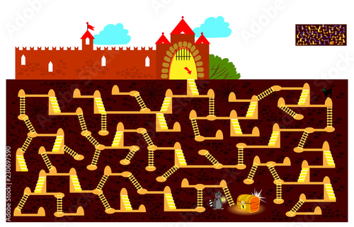 Logic puzzle game with labyrinth for children and adults. Find the way underground to the hidden treasure chest and draw the line. Vector cartoon image.