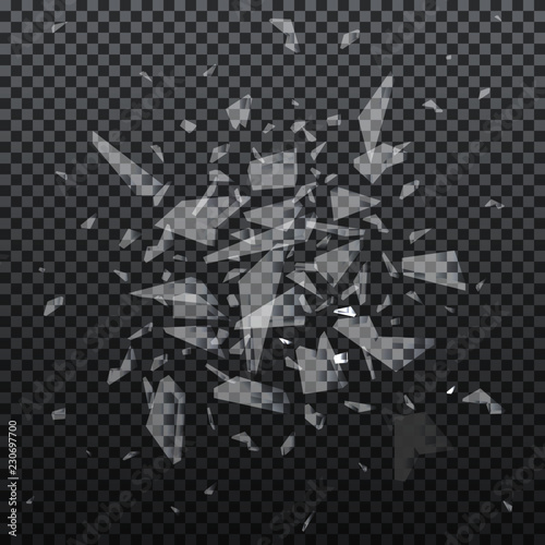 Vector realistic shards of broken glass. Shattered glass pieces isolated on black background. Abstract explosion. 