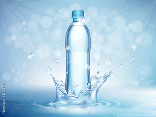 Pure mineral water, plastic bottle in the middle and flying water drop elements on blue background. Vector illustration