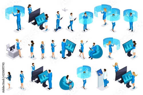 Isometric set businessmen with gadgets, work on virtual screens, beautiful business design. Front view and rear view. Emotions Characters for vector illustrations