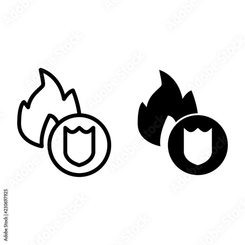 Shield with fire line and glyph icon. Fire protection vector illustration isolated on white. Fire security outline style design, designed for web and app. Eps 10.