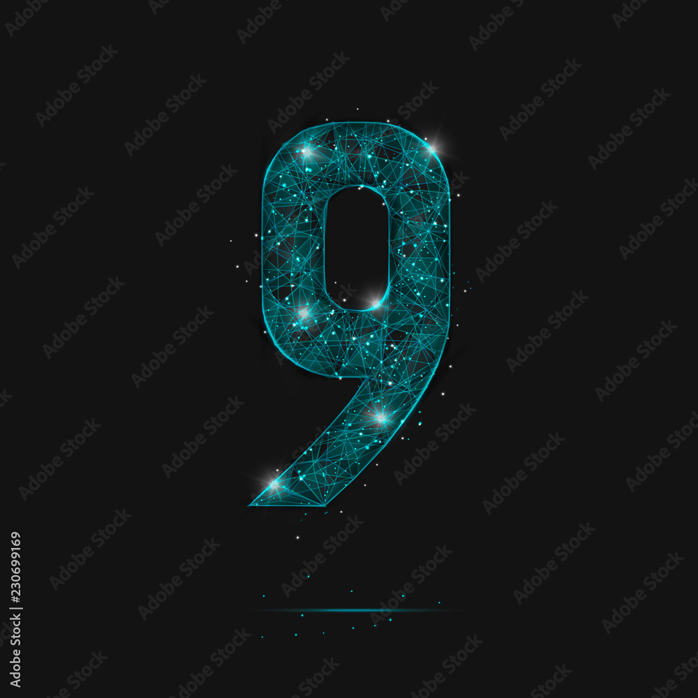 Abstract isolated blue image of a number nine. Polygonal illustration looks like stars in the blask night sky in spase or flying glass shards. Digital design for website, web, internet. Abstract isolated blue image of a number nine. Polygonal illustration looks like stars in the blask night sky in spase or flying glass shards. Digital design for website, web, internet.