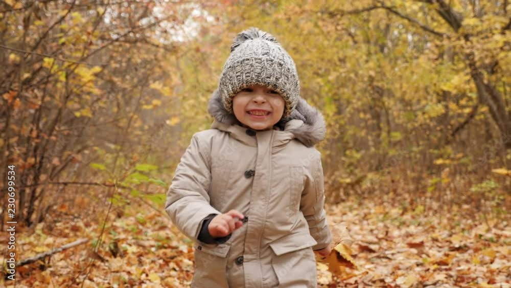 Cute little boy running energetically along the autumn park lane Cute little boy running energetically along the autumn park lane