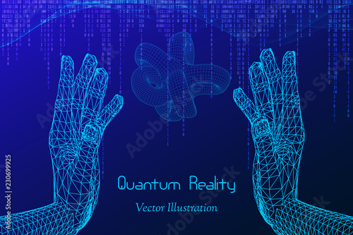 Vector Quantum Reality Concept  - Hi-Tech Digital Design - Emblem of Qubit, Artificial Intelligence,  Signal Cryptography, Big Data, Cryptanalysis, Machine Learning etc 
