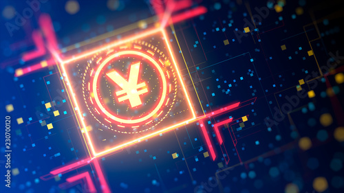 Foto Yuan currency sign on a abstract digital background