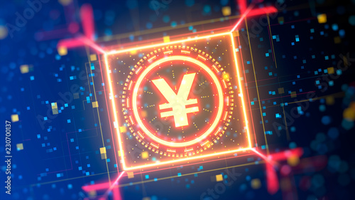 Yuan currency sign on a abstract digital background. Financial hi-tech theme background. 3d graphic wih bokeh and neon lights