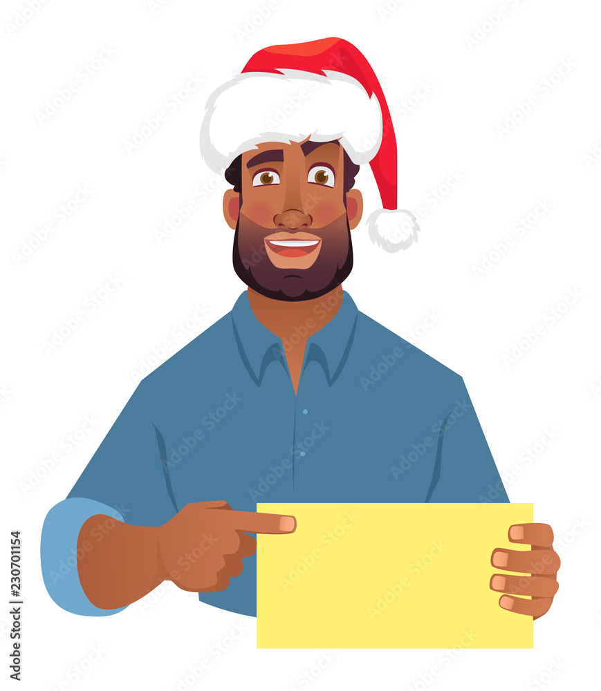 African man in hat holding blank card