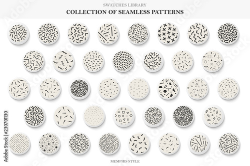 Collection of seamless trendy patterns. Memphis style - fashion 80-90s. Vector repeatable backgrounds