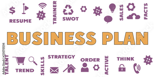 BUSINESS PLAN Panoramic Banner with icons and tags, words. Hi tech concept. Modern style