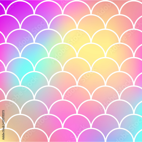 Mermaid tail on trendy gradient background. Square backdrop with mermaid tail ornament. Bright color transitions. Fish scale banner and invitation. Underwater and sea pattern. Rainbow colors.