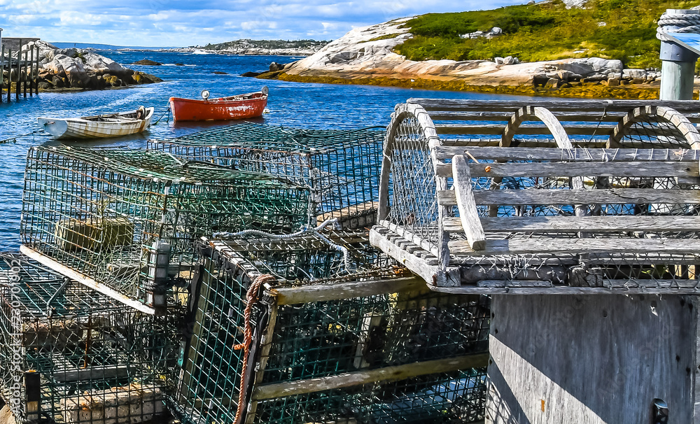 Vintage Lobster Pots on the Dock in a scenic view of Peggy's Cove, Nova scotia