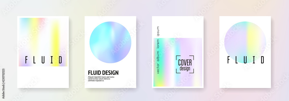 Holographic poster set. Abstract backgrounds. Vintage holographic poster with gradient mesh. 90s, 80s retro style. Iridescent graphic template for placard, presentation, banner, brochure.