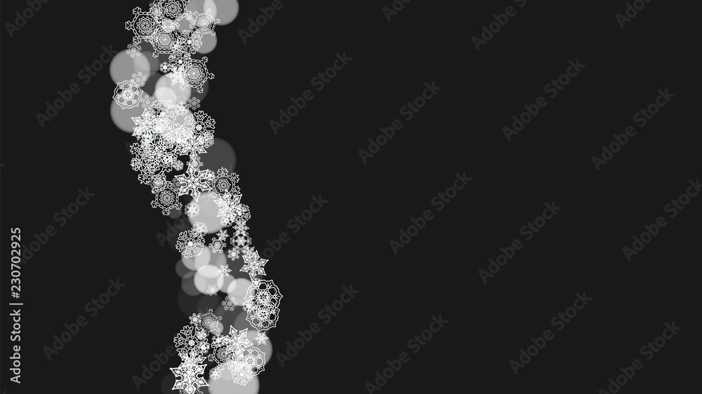 Christmas snow on black background. New year theme. Horizontal frame for winter banner, gift coupon, voucher, ad, party event. New Year and Christmas snow design. Falling snowflakes for celebration