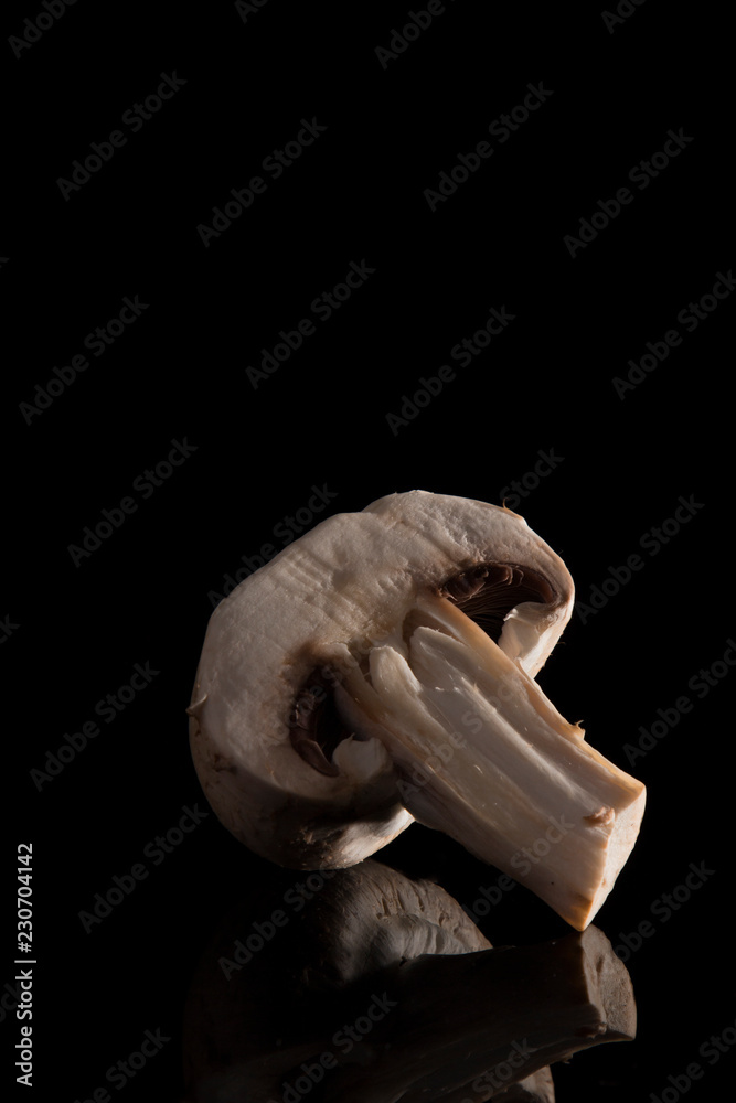 mushroom champignon on a black background with a dim lateral light