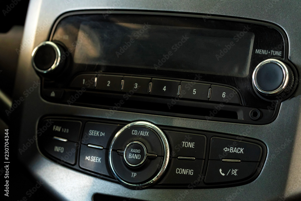Modern car multimedia control panel close up