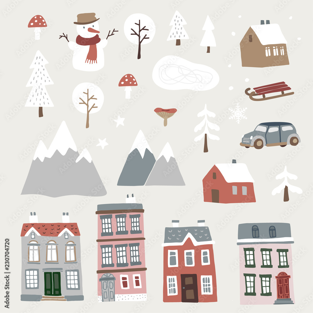 Set of cute Christmas landscape, town and village icons. Hand drawn houses, mountains, snowman and trees. Isolated winter vector objects, flat design.