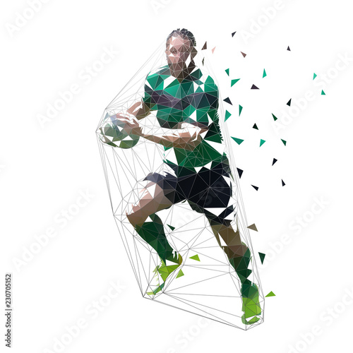 Rugby player running with ball, isolated low polygonal vector illustration