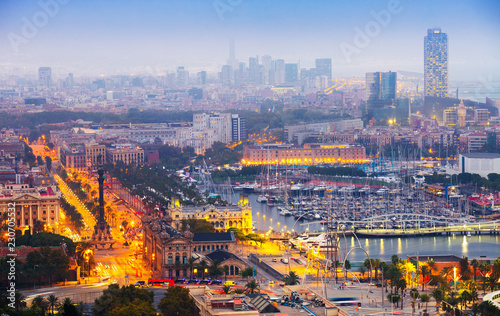 view to Barcelona and Port Vell in summer evening