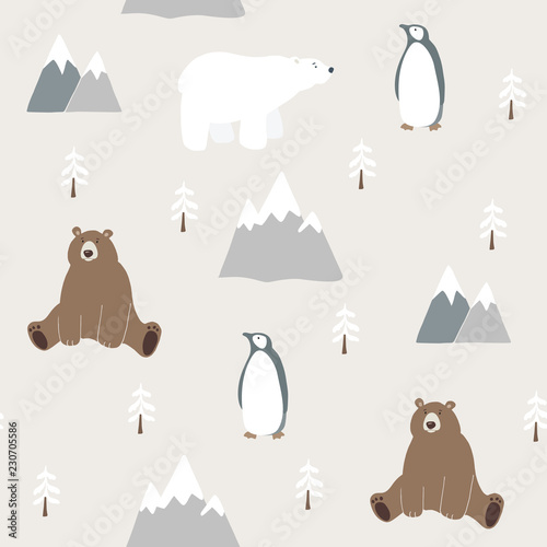 Cute festive Christmas seamless pattern with bear, polar bear, penguin, fir trees and mountains. Hand drawn kids nordic design. Winter vector illustration background.
