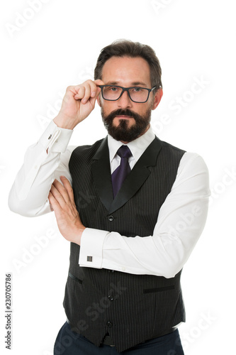 Take look carefully. Man bearded wear eyeglasses isolated white. Businessman teacher adjust eyeglasses. Take look concept. Business analysis and analytical skills. Eyeglasses optics and vision check