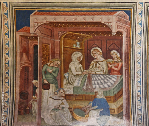 nascita di San Giovanni Battista; affesco nella chiesa romanica di San Giovanni in Villa a Bolzano