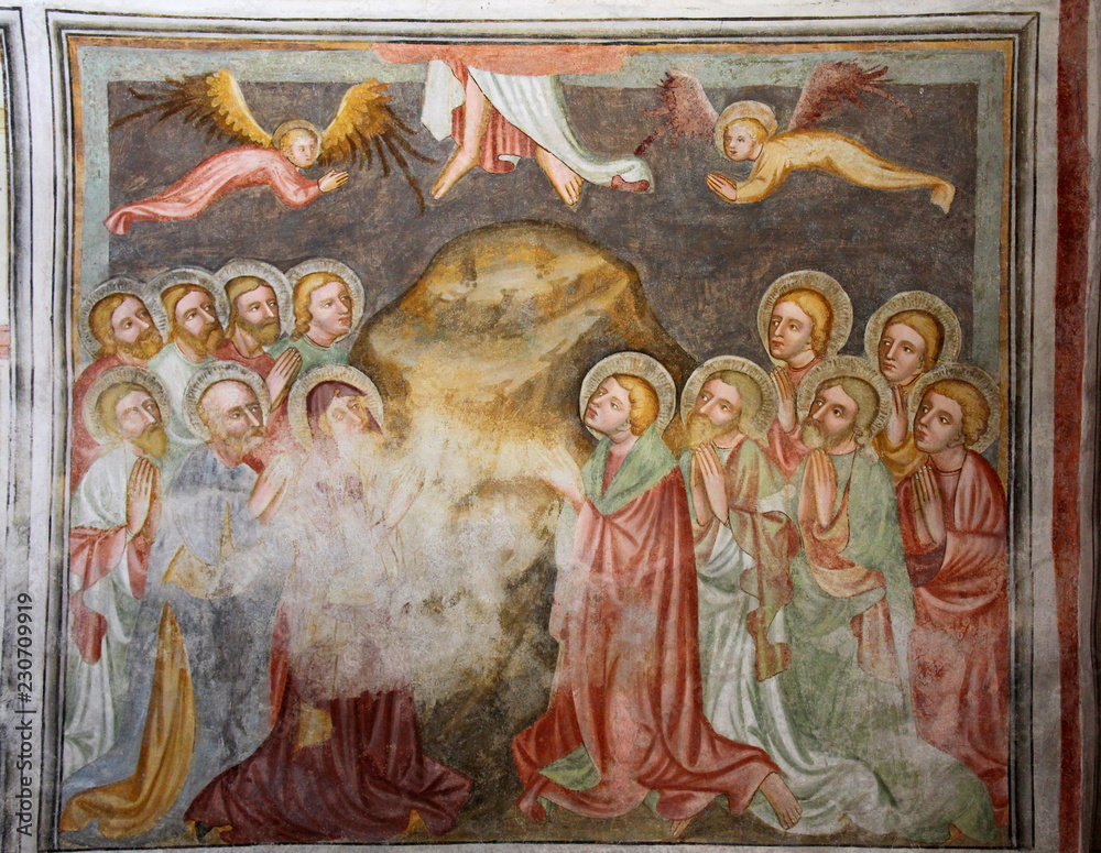 ascensione di Gesù al cielo; affresco della chiesa romanica di San Martino in Campiglio presso Bolzano