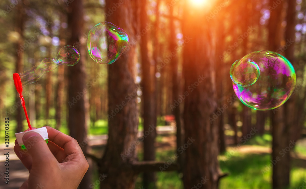 soap bubbles into the sunset with beautiful bokeh.close-up