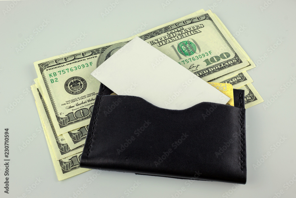 wallet with dollars, gold card and clean business card. place for your text.