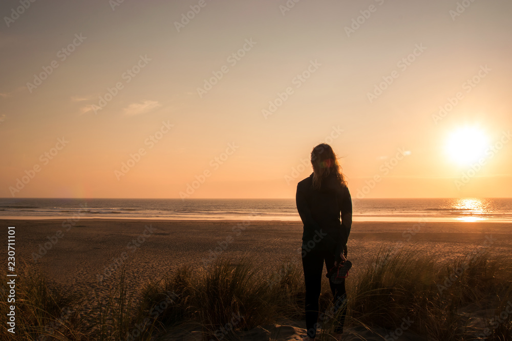 Silhouette of a girl watching the sunset on the beach