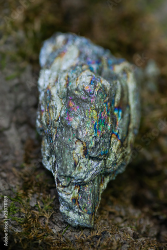 Natural sparkly Rainbow Hematite specimen from Brazil on a tree bark in the forest preserve.