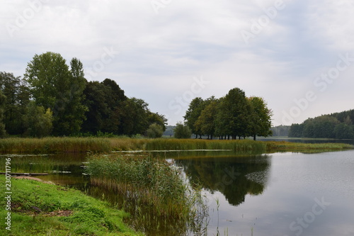 Beautiful landscape. Lake, forest, shore, sky. Reflection in water.